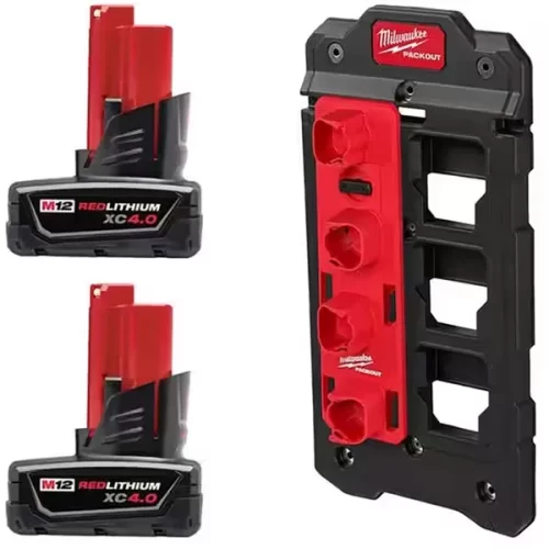Milwaukee M12 12V Lithium-Ion XC 4.0 Ah Battery 2-Pack w/PACKOUT Compact Wall Plate & Battery Rack